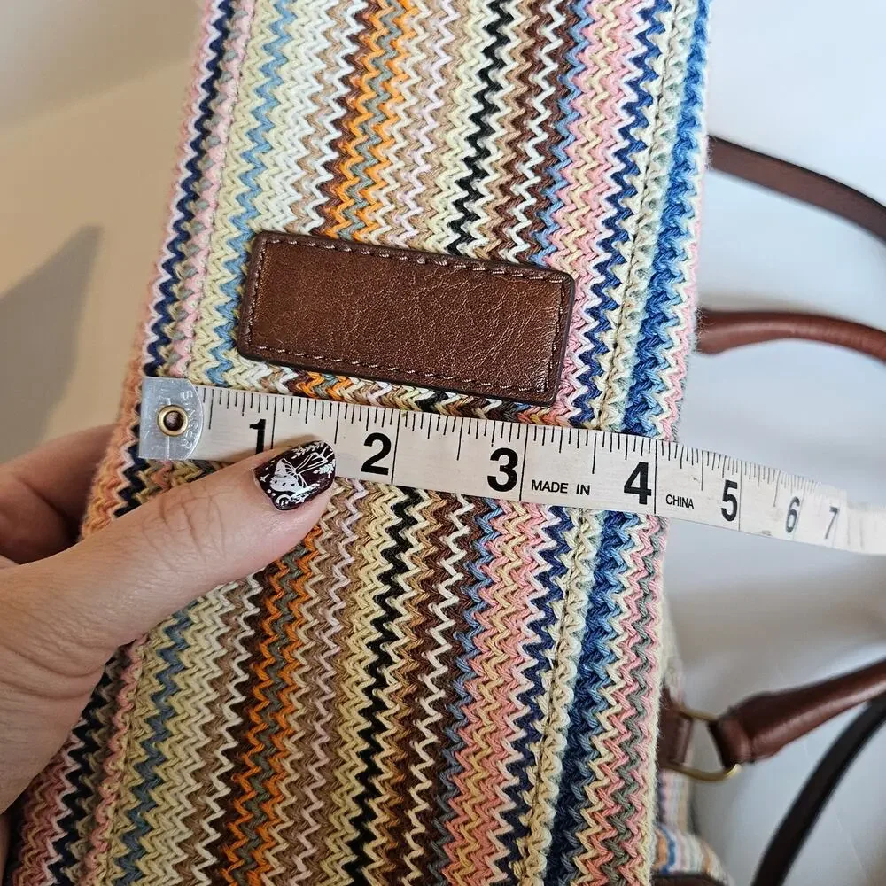 Fossil Parker Leather Satchel Purse Handbag Zig Zag Colorful Stripes‎ Boho